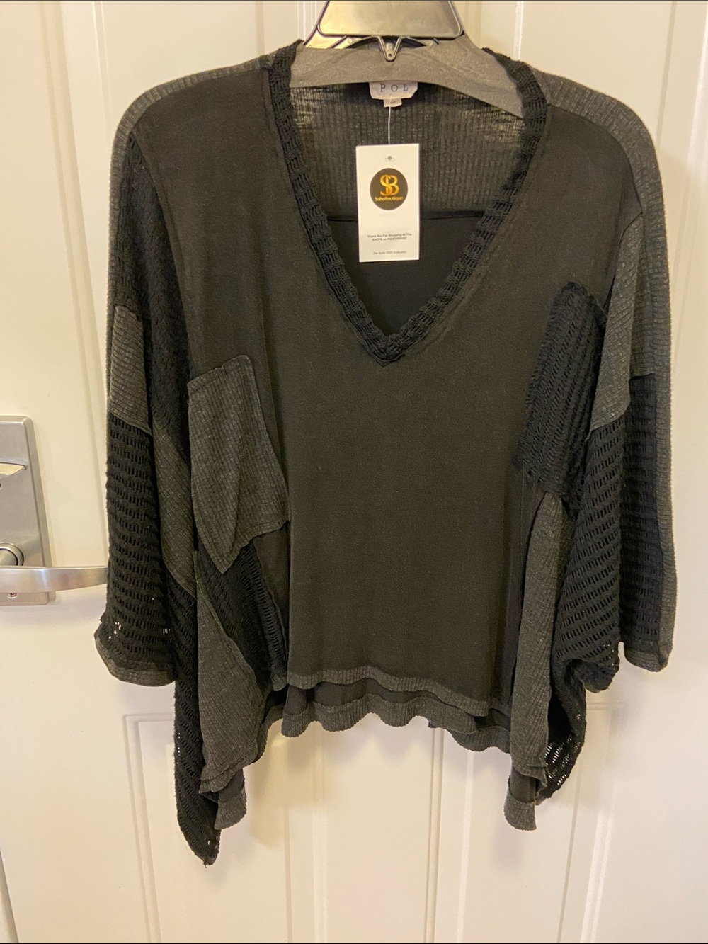 POU Black Patchwork Knit V-Neck Top